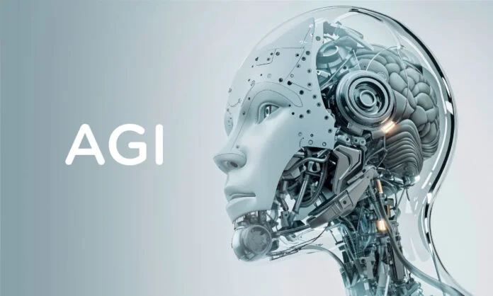 A conceptual illustration of AGI (Artificial General Intelligence) featuring a transparent humanoid robot head with visible neural and mechanical structures, symbolizing advanced machine cognition and the future of human-level artificial intelligence.