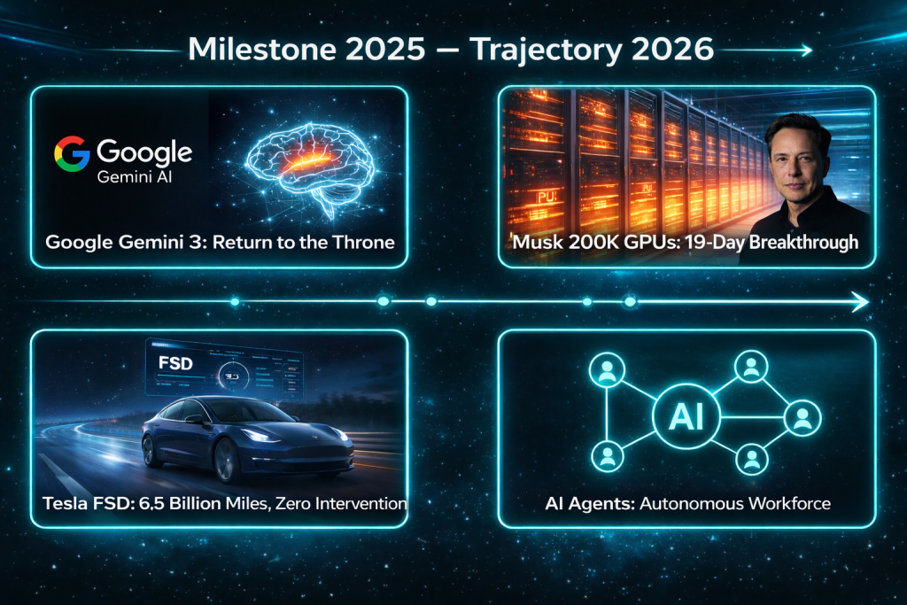 **Meta description:**

A futuristic 2025–2026 tech milestone infographic highlighting Google Gemini 3, Musk’s 200K GPUs breakthrough, Tesla FSD’s 6.5 billion autonomous miles, and the rise of AI agents shaping the autonomous workforce era.

