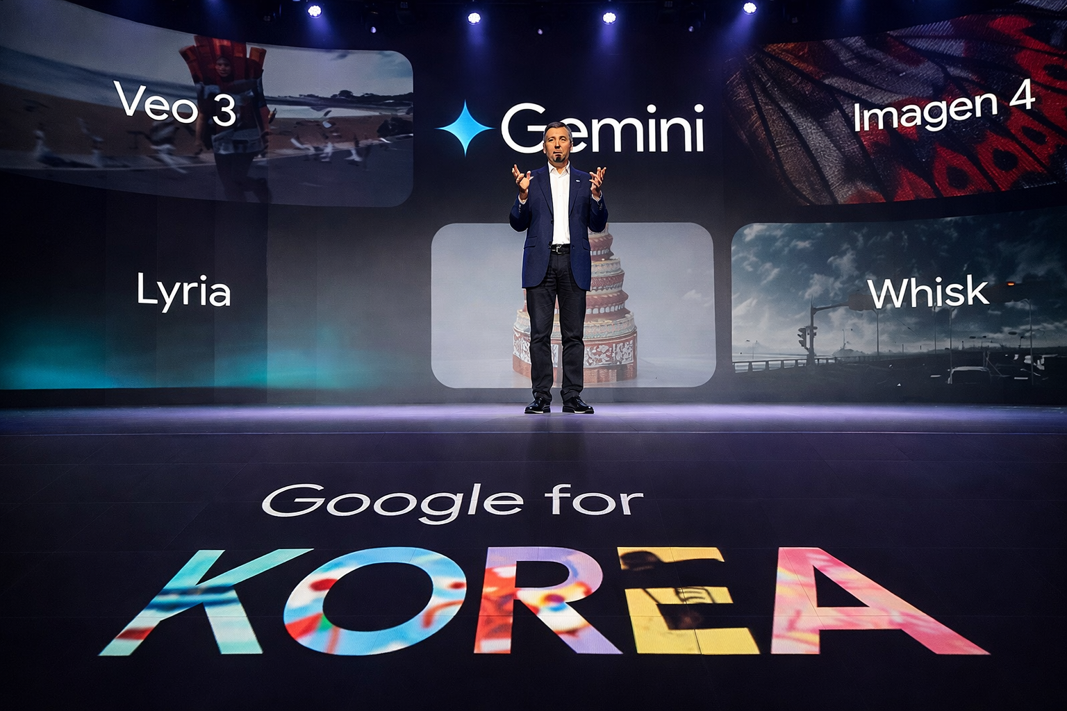 A presenter stands on stage at a Google event in South Korea, with a large screen behind him displaying Gemini and AI products like Veo 3, Imagen 4, Lyria, and Whisk, while “Google for Korea” is projected prominently on the floor.
