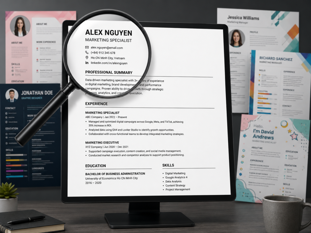 A minimalist and clean one page resume displayed on a digital monitor, with a magnifying glass emphasizing the top section where key skills and experiences have been prioritized to match a specific job description.