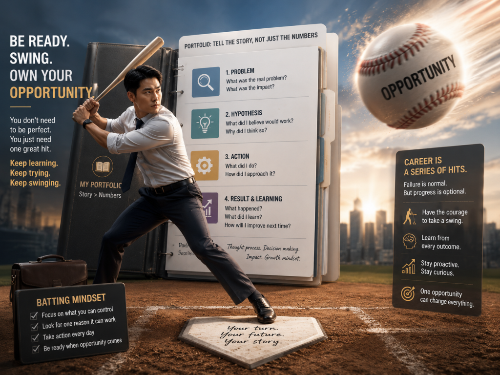 A young person dressed in professional business wear taking a determined baseball batting stance, ready to strike a ball that represents a new career opportunity, illustrating the courage to take a swing at success.