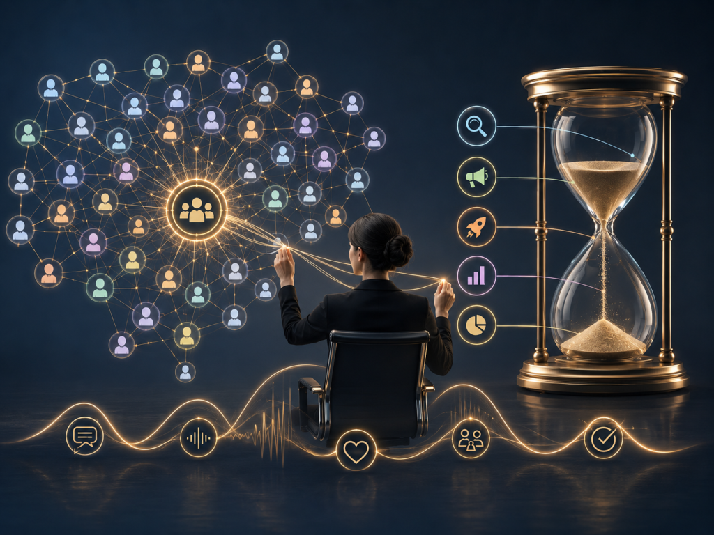An intricate network diagram showing a marketer at the center coordinating multiple stakeholders and managing several project timelines simultaneously, with soft sound waves representing the art of refined and respectful communication.