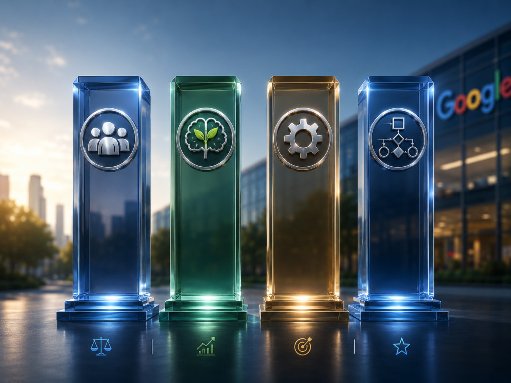 A modern three dimensional graphic showing four distinct crystal pillars representing Google core evaluation criteria, which include Leadership, Googliness, Role Related Knowledge, and General Cognitive Ability.