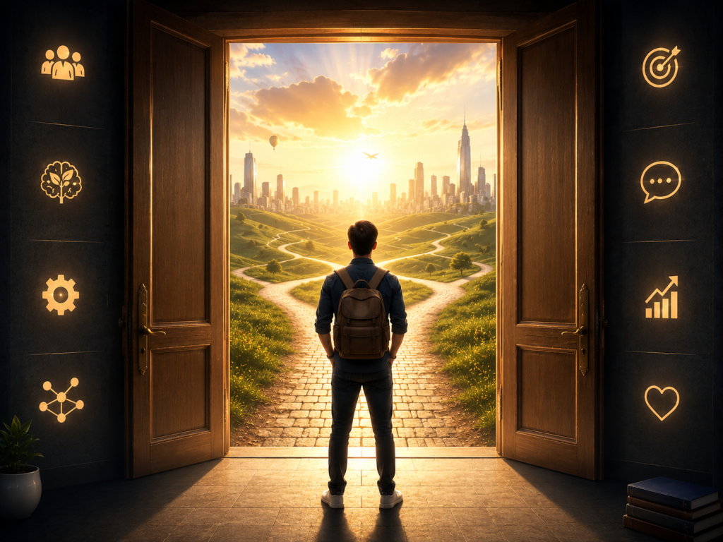 A perspective view of a person walking toward a grand and open doorway filled with bright light and a clear path ahead, symbolizing a future defined by proactivity and a strong belief in one unique potential.